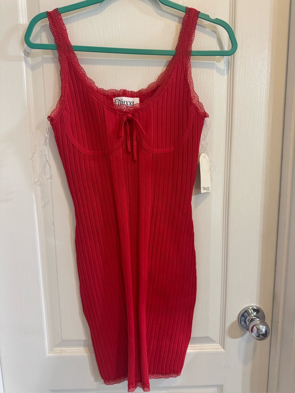 Trixxi Scarlet Ribbed Lace-Trim Slip Dress